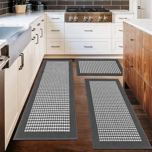 Ileading Kitchen Mat Sets 3 Piece Minimalist 3D Lattice Kitchen Floor Rugs with Non Slip Rubber Backing Machine Washable Farmhouse Runner Rugs for Laundry Hallway Doormat(Dark Gray)