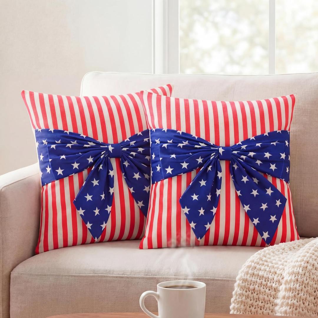 Peryiter 2 Pcs 4th of July Pillow Covers 18x18 Inch American Flag Patriotic Decorations Throw Pillow Covers 250th Anniversary Independence Memorial Day Cotton Linen for Couch Sofa Home Decor