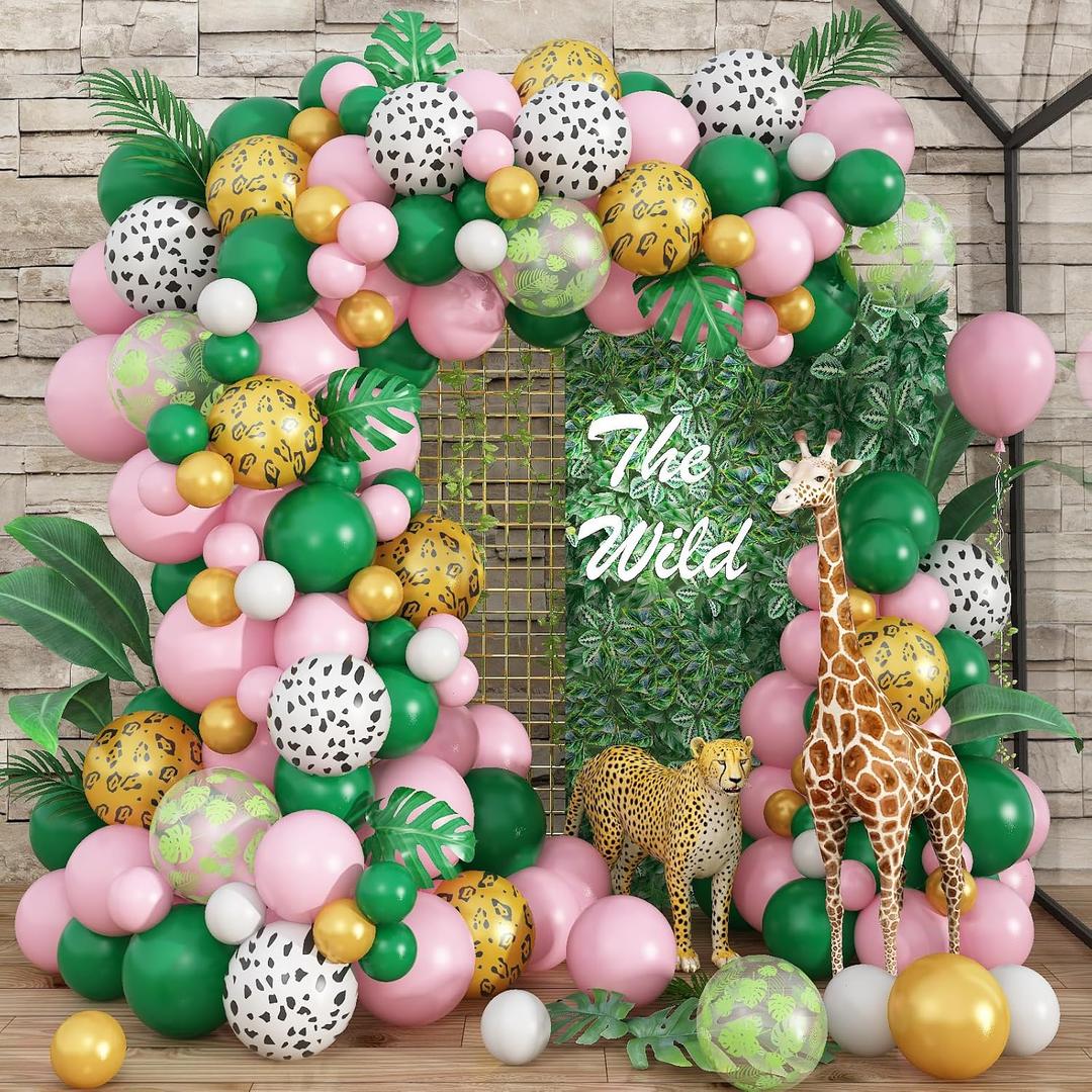 Safari Pink Balloon Garland Kit, Dark Green Pink White Cow Gold Leopard Animal Print Jungle Balloon Arch with Turtle Leaves for Girls Wild One Theme Birthday Baby Shower Party Decorations Supplies