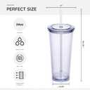24oz Double Wall Plastic Tumblers with Lids and Straws | Large Classic Travel Tumbler | 4 Pack Set of 4 | Clear Reusable Cups with Straws | BPA Free, 4 Count