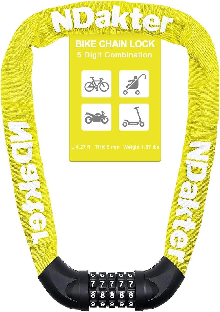 NDakter Bike Lock, 5 Digit Combination Heavy Duty Anti Theft Bicycle Chain Lock, 4.27Ft Long, High Security Resettable, Suitable for Bike, Scooter, Door, Gate, Fence-4/6mm Thick