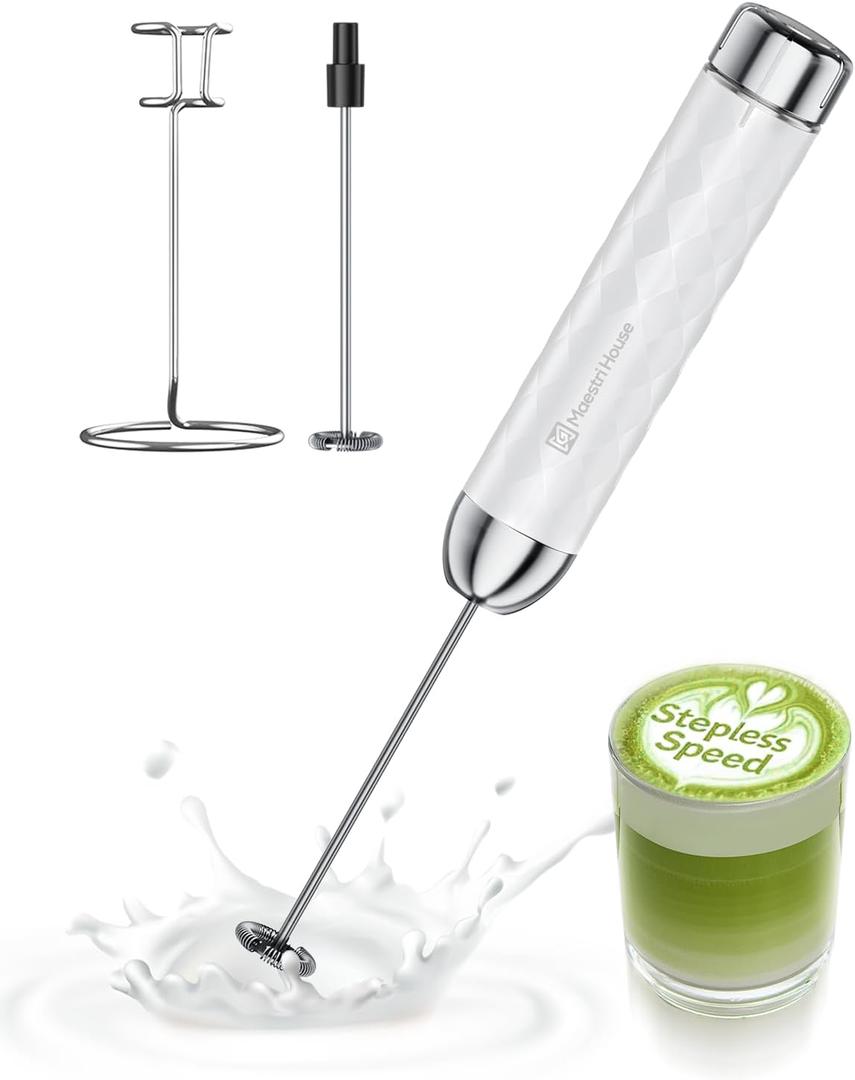 Maestri House Rechargeable Milk Frother with Stepless Speed Control, LunaFro 2.0 Handheld Electric Foam Maker Waterproof Drink Mixer Foamer for Lattes, Cappuccino (White)