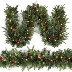 Christmas Garland Prelighted 9ft with 50 Lights, Christmas Decor with 50 Light Pine Cone Red Berries Timer for Mantle Staircase Indoor and Outdoor