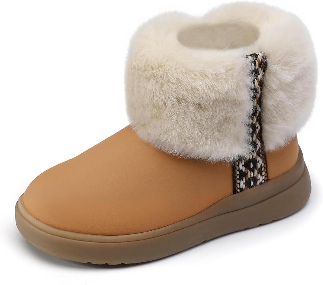 Bigwow Girls Warm Snow Boots Winter Ankle Boots Fuzzy Plush Non-Slip Sole for Toddler Kids (11 Little Kid, Brown)
