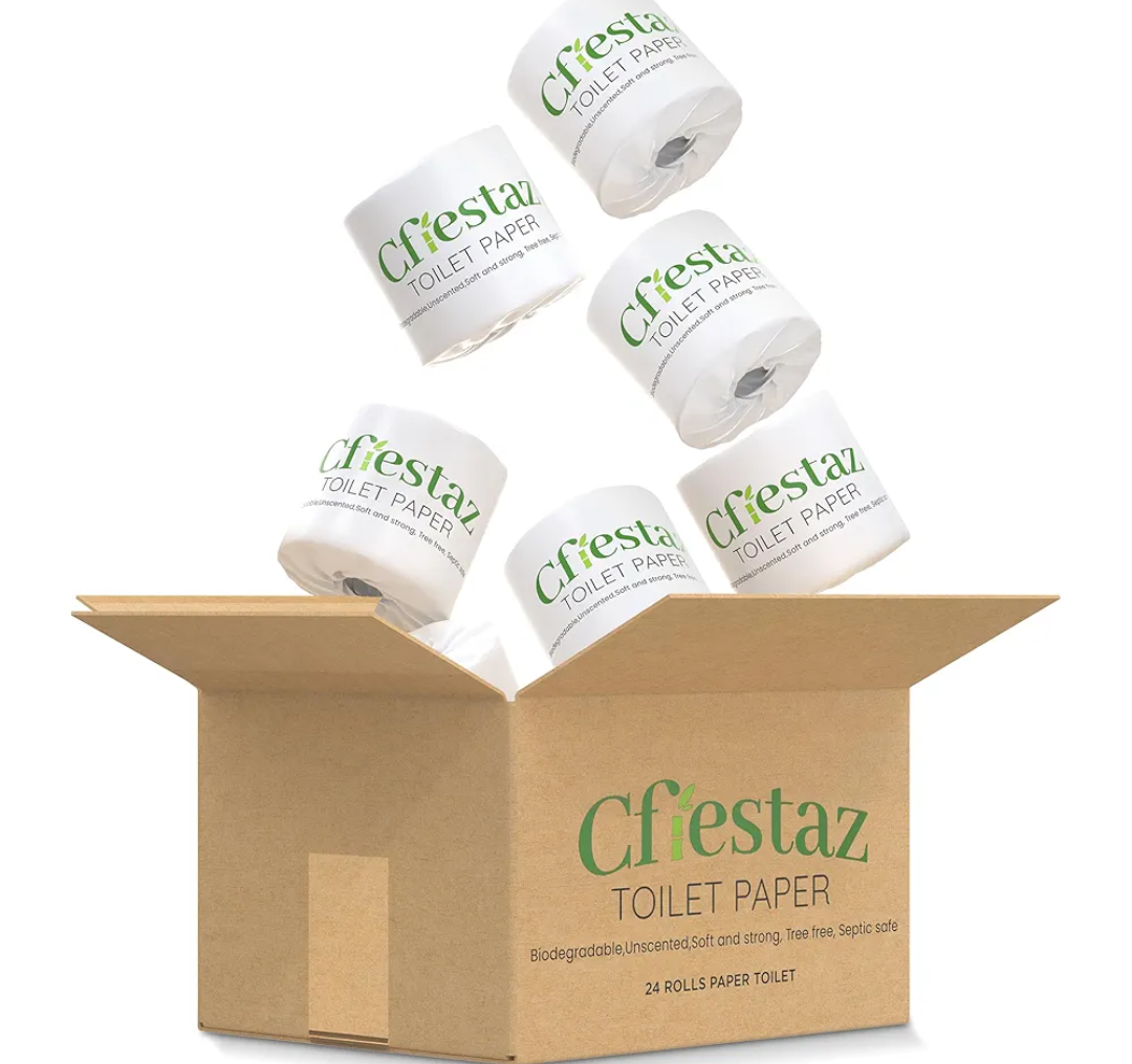 Cfiestaz Bamboo Toilet Paper, Bathroom Tissue Rolls, Bath Tissue. Eco-Friendly, Unscented, Soft and Absorbent. (24 Mega Rolls/box, 3-ply, 350 sheets)., small oversize, White
