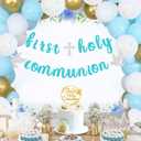 2 x First Communion Decorations, First Holy Communion Banner and First Communion Cake Topper, Baptism Decorations for Boys Girls (blue gold)