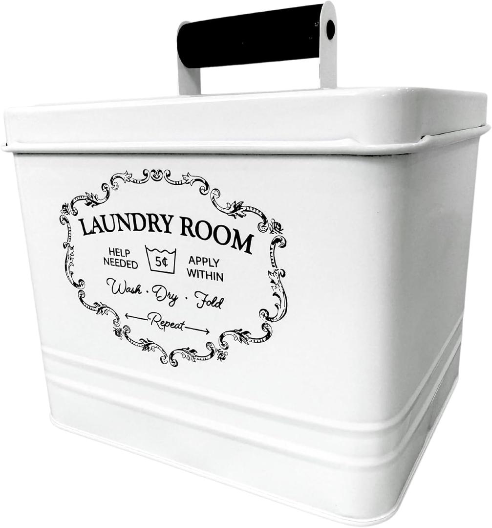 Nine Royal Laundry Detergent Container - Dryer Sheet Holder- Laundry Room Storage Box- Farmhouse Laundry Room Decor, Vintage Style - Metal Bin with Retro Lettering sign, Distressed Finish