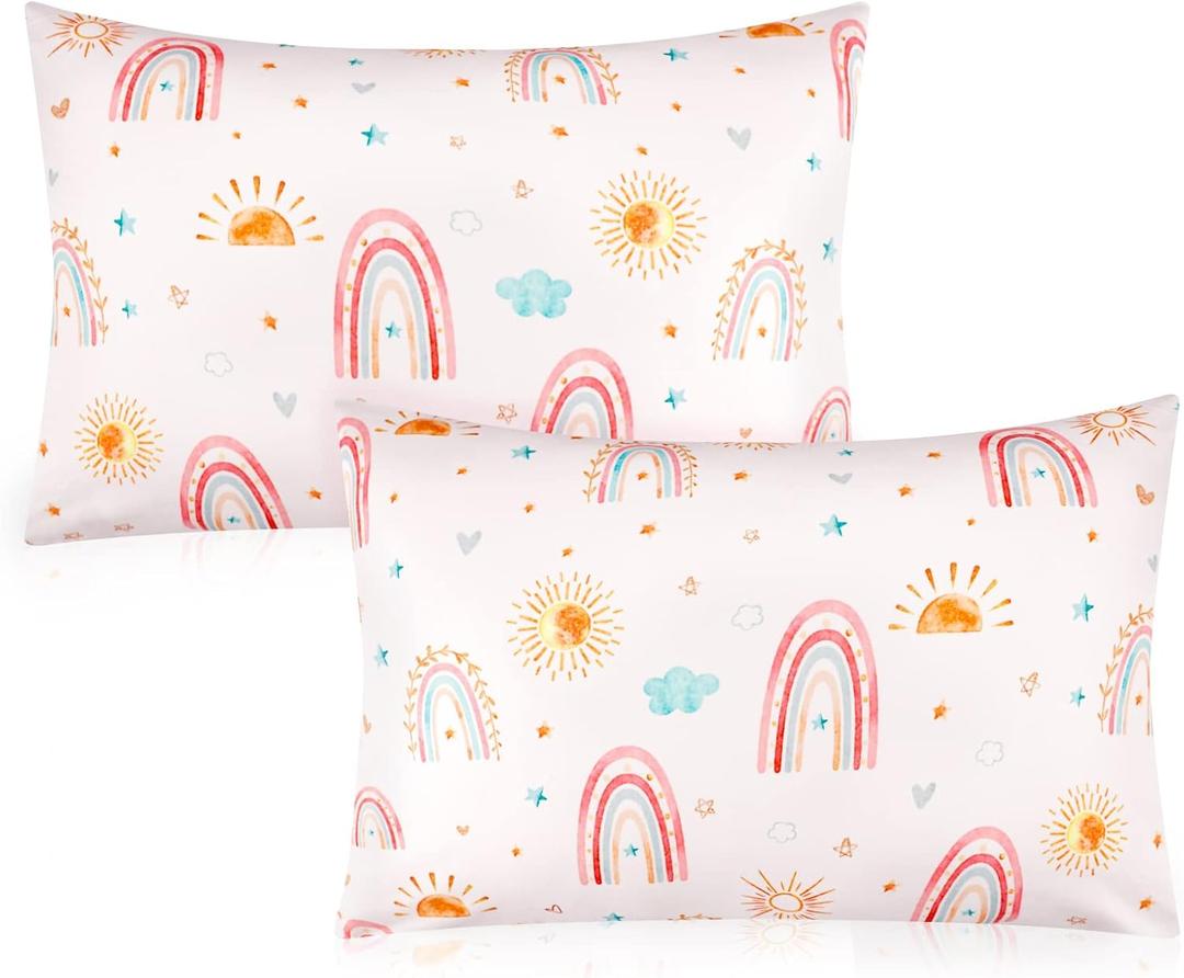 Toddler Pillowcase 2 Pack, 13 X 18 Kids Travel Pillow Case Cover with Envelope Closure, Super Soft & Breathable Small Pillow Cases for Girls, Pink Rainbow
