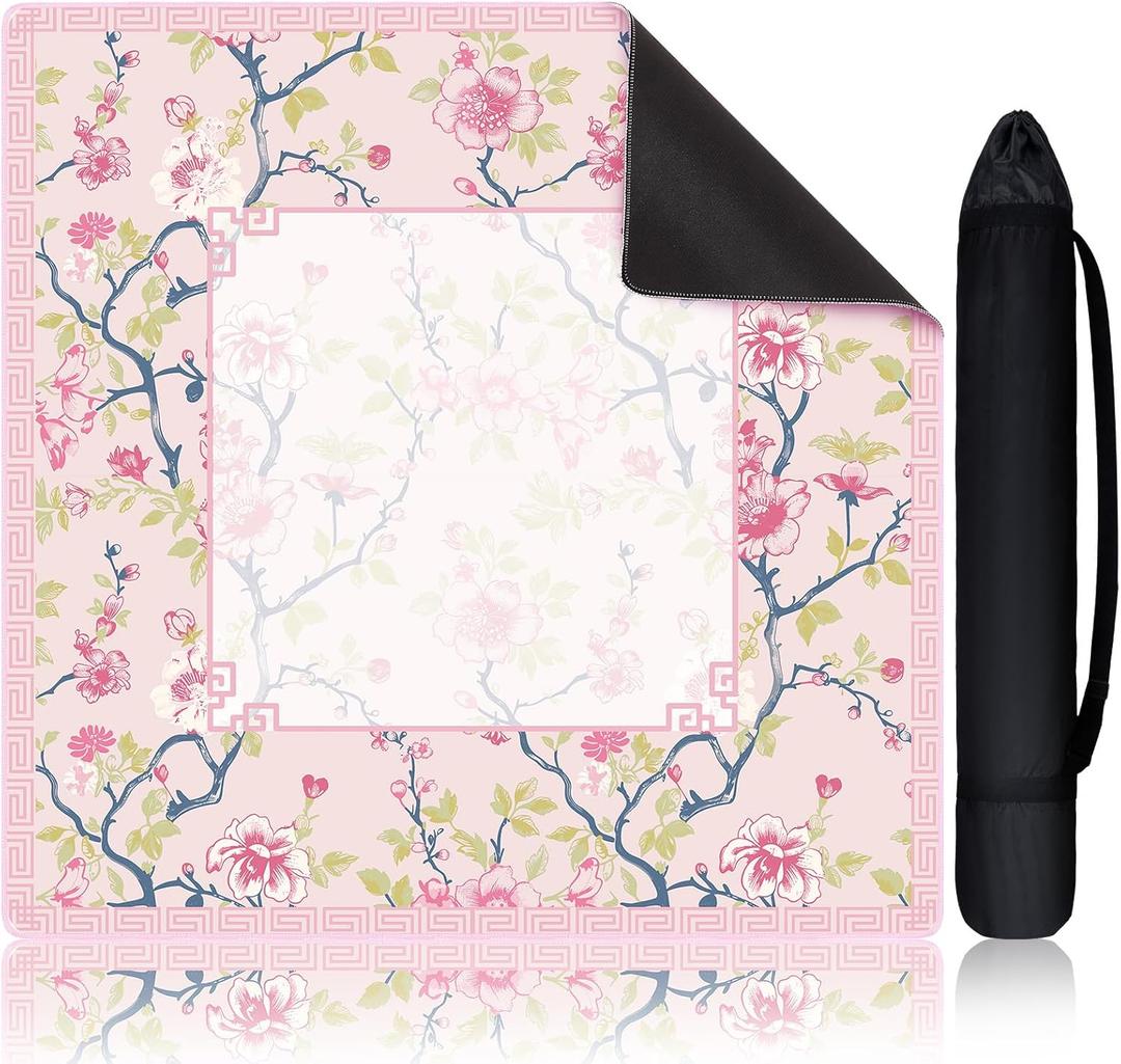Chinoiserie Mahjong Mat with 1 Carrying Bag 31.5 x 31.5 Pink and White Rubber Anti Slip and Noise Reduction Multi Purpose Game Table Cover for Mahjong, Card, Board Tile Games