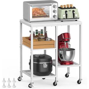 Kitchen Microwave Cart with Wheels,Coffee Bar Table Station,4-Tier Rolling Baker's Oven Rack,Small Appliance Storage Shelf,Utility Trolley Side Table for Kitchen,Office, Living Room (Snowy White)