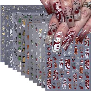 Christmas Red Nail Stickers Decals 12PCS Santa Claus Winter Snowflakes 3D Nail Art Sticker for Women Self-Adhesive Glitter Slider Deer Gingerbread Men Tree Holiday Manicure Decoration Nail Supplies