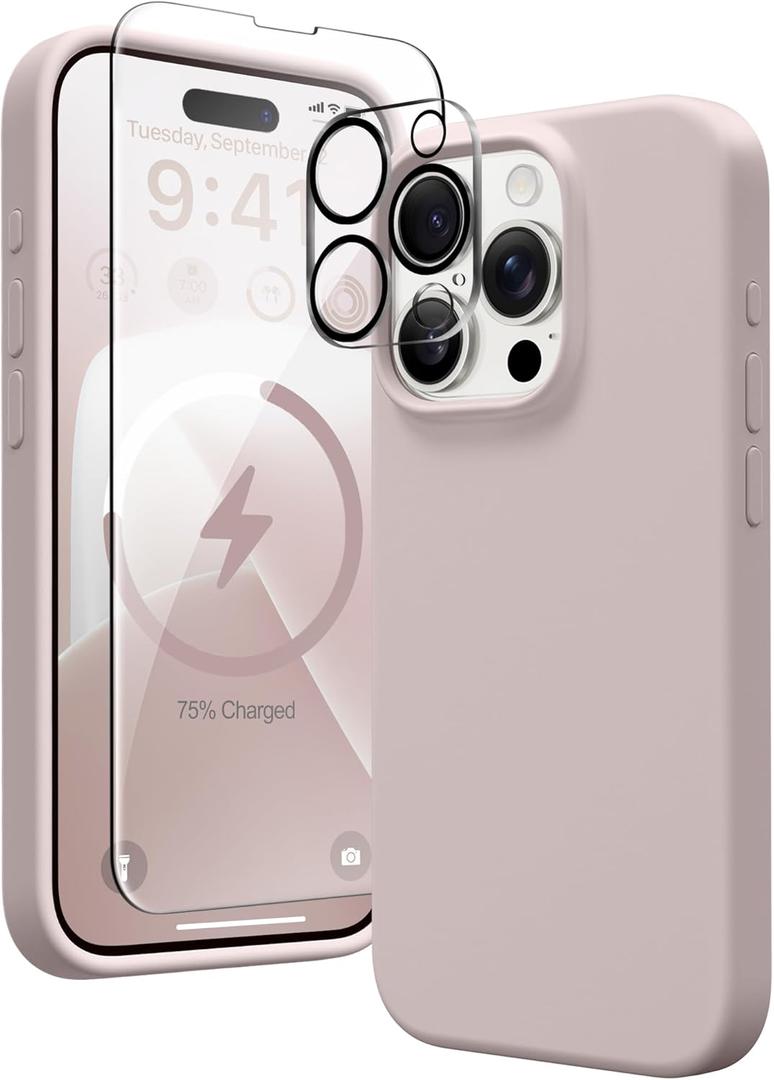 GONEZ Magnetic for iPhone 15 Pro Max Case, [Compatible with MagSafe] Anti-Scratch Microfiber Lining & Screen Protector, Shockproof Slim Phone Silicone Cover 6.7 inch, Light Taro