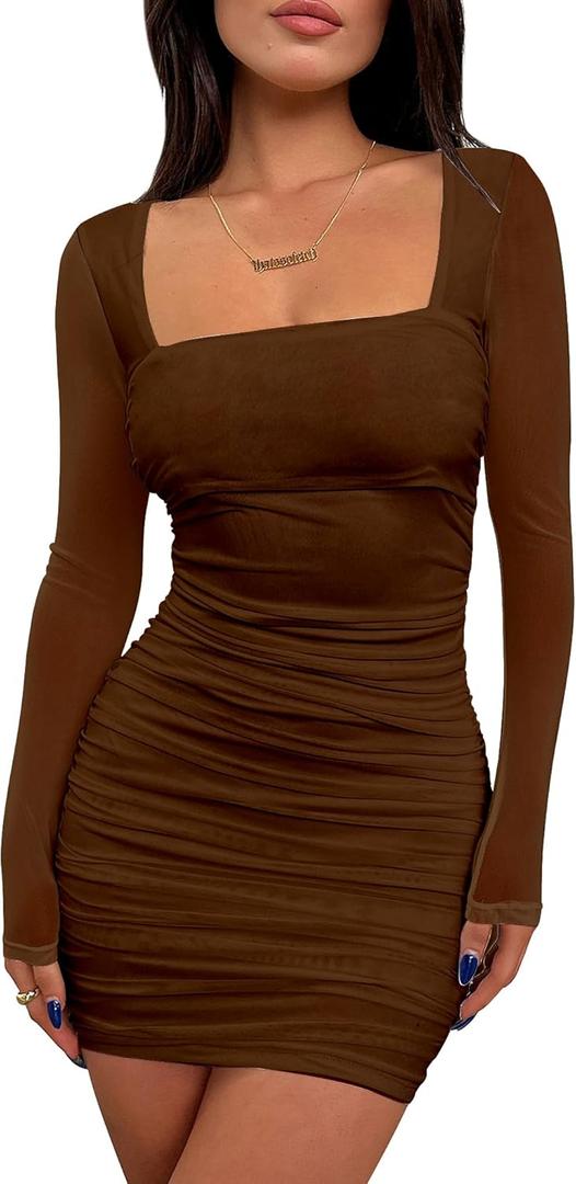 BORIFLORS Women's Sexy Ruched Bodycon Mini Dress Mesh Long Sleeve Club Party Short Dresses (Medium, Coffee)