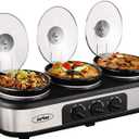 Sunvivi Slow Cooker, Triple Slow Cooker Buffet Server and Food Warmer, 3-Section 1.5-Quart Upgraded Oval Ceramic Pot with Stainless Steel Lid Rests, 3 Spoons, Total 4.5 QT (Black/Silver)