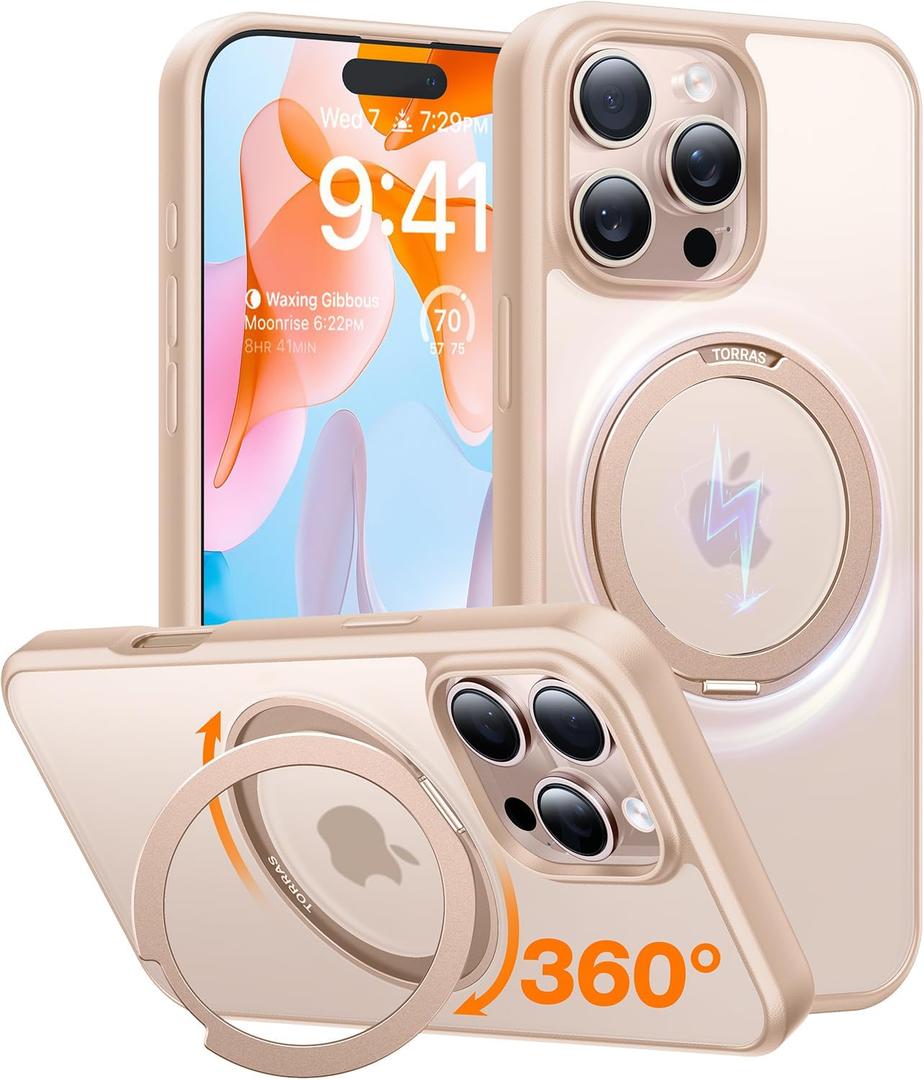 TORRAS 360 Rotatable Magnetic Ring for iPhone 16 Pro Max Case with Stand, Fit for MagSafe, 16FT Mil-Grade Shockproof Translucent for iPhone 16 Pro Max Phone Case 6.9", Rose Gold Pink