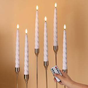 White Flameless Taper Candles with Remote, Spiral Candles Battery Operated, Flickering LED Wax Candlesticks Set of 6