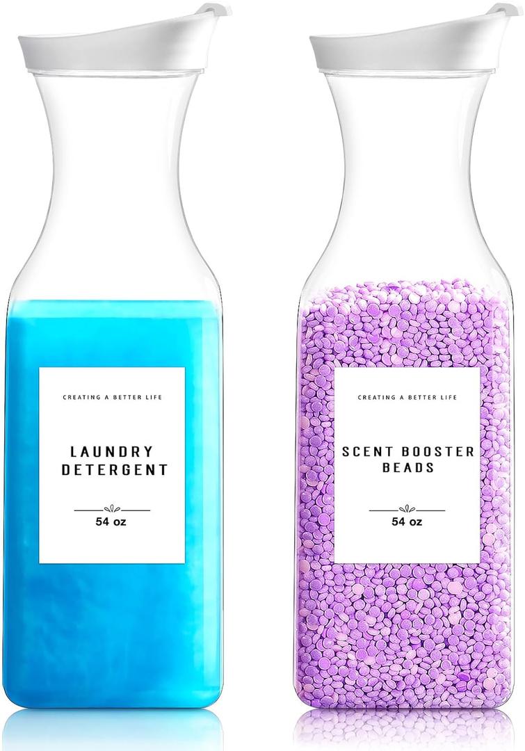 Laundry Detergent Dispenser Bottle 54oz with Waterproof Label for Laundry Detergent Soap Fabric Softener Bleach Scent Booster Beads, Sturdy PET Plastic Bottle for Laundry Room Decor 2 Pack White