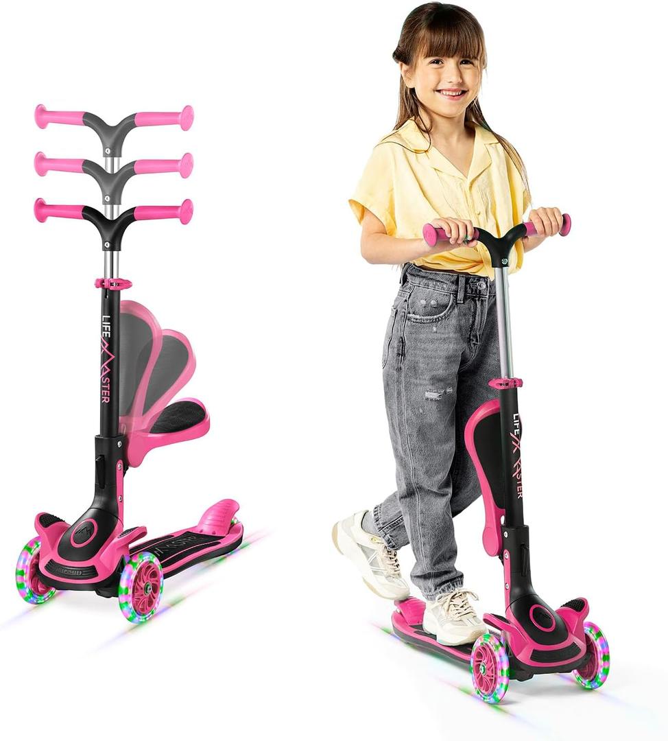 Kids Scooter  Foldable Seat  LED Wheel Lights Illuminate When Rolling  Children and Toddler 3 Wheel Kick Scooter  Adjustable Handlebar  Indoor and Outdoor- by Lifemaster (Pink)