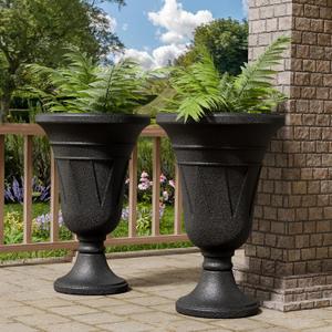 23.6" Tall Plastic Urn Planters for Outdoor Plants, Set of 2 Heavy-Duty Classic Indoor Large Flower Pots with Drainage Holes & Trophy Design, Outdoor Planters for Porch, Home Garden, Black, 19.69"D x 15.75"W x 23.62"H