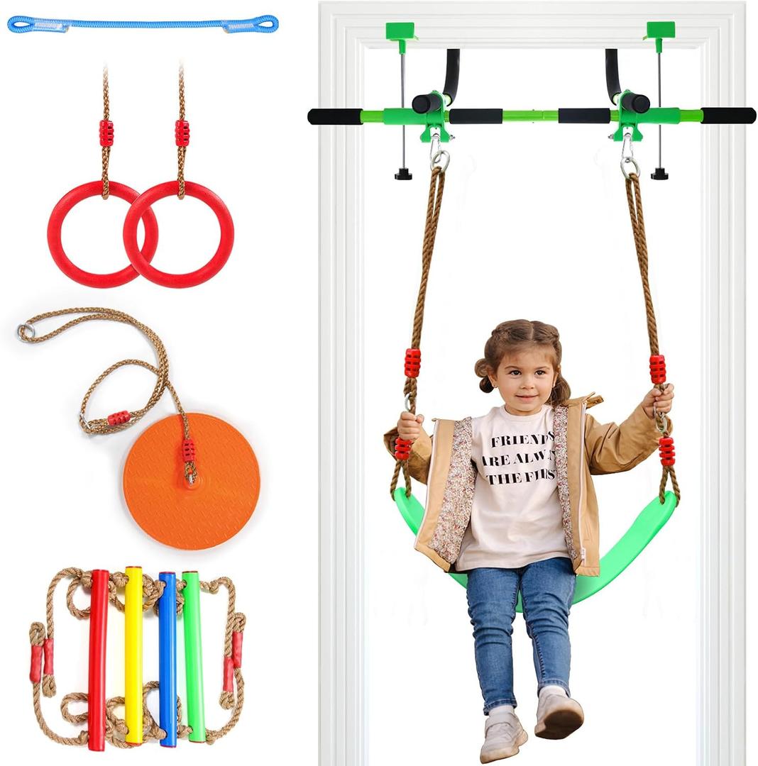 Doorway Swing for Kids & Door Pull Up Bar for Adults, Indoor Kid Swing with 4 Accessories, Multi-Function Doorway Gym, Fits Door Frame 24.41-30.51'' W x 3.94-6.69'' Thickness (Green)