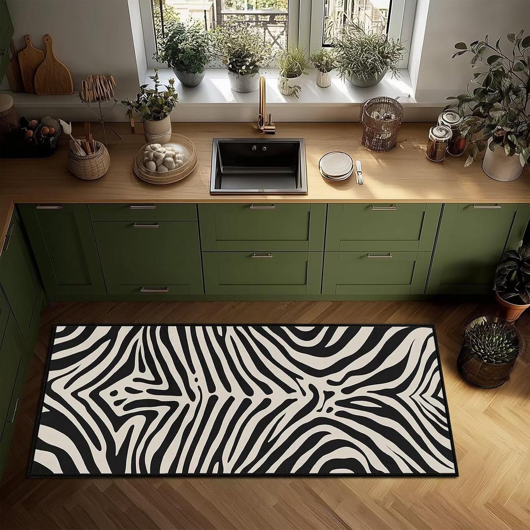 Zebra Print Runners Rug 2x5 for Entryway,Zebra Pattern Hallway Runner Rugs Beige White and Black Kitchen Rug Washable Indoor Door Mat Non Slip Accent Throw Rugs Bedroom Area Carpet for Entry,Bedroom