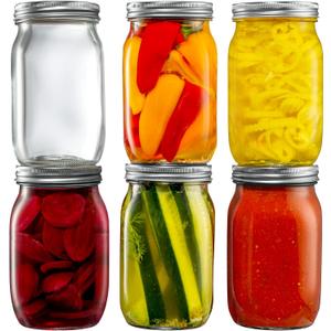 [6 Pack] 32 oz. Wide-Mouth Glass Mason Jars with Metal Airtight Lids and Bands 1 quart Large for Canning, Preserving, & Meal Prep