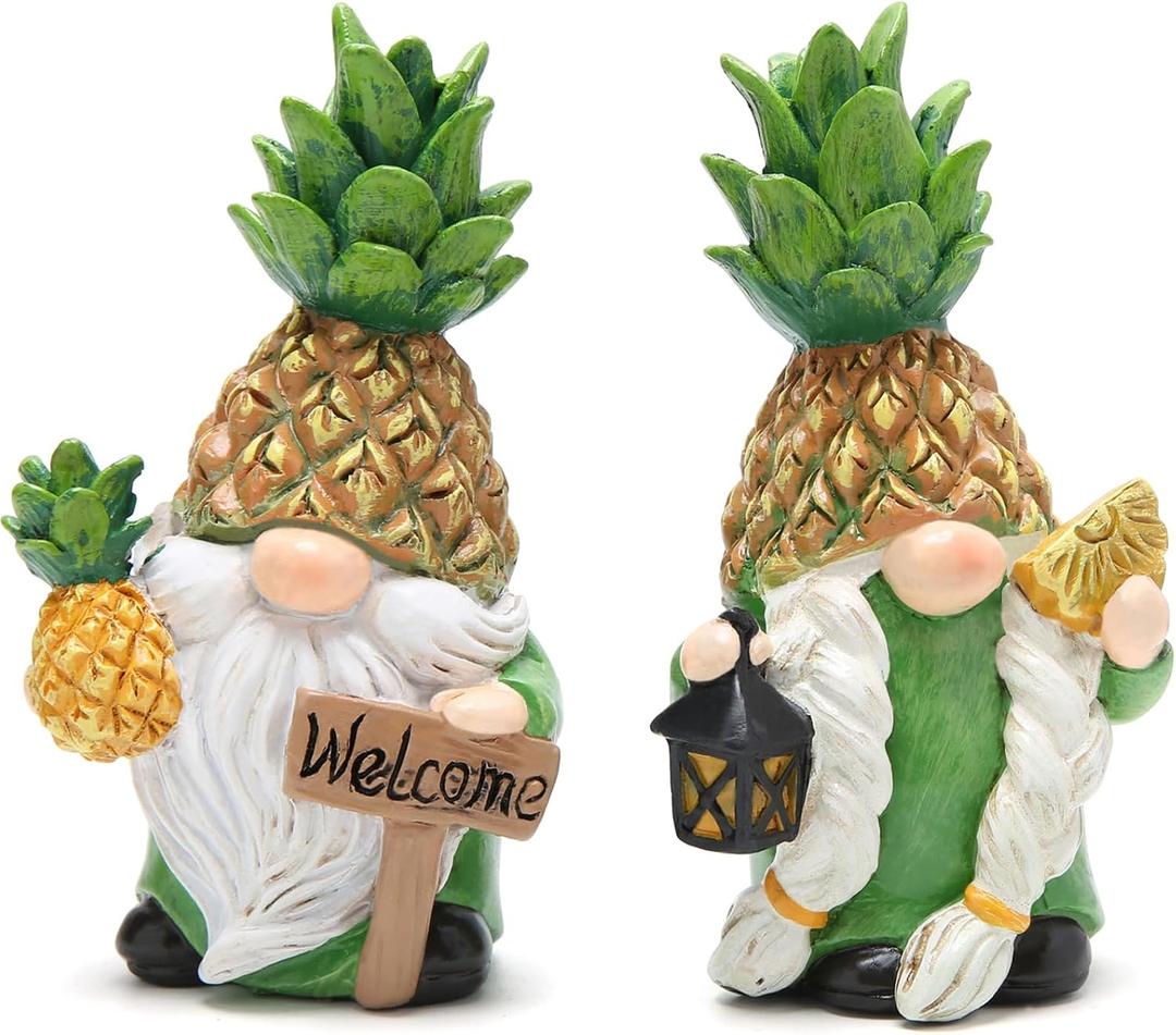 Hodao Gnomes Spring Decorations for Home, Summer Fall Resin Pineapple Gnome Figurines, Pineapple Themed Gift for Loved Ones, Perfect Indoor Outdoor Decor for Home Tabletop Garden Yard - 2 Pcs
