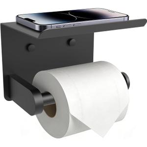 SetSail Toilet Paper Holder with Shelf Adhesive or Screw Bathroom Toilet Paper Roll Holders Wall Mount Matte Black Tissue Holder for Bathroom Hardware Accessories (1 Pack)