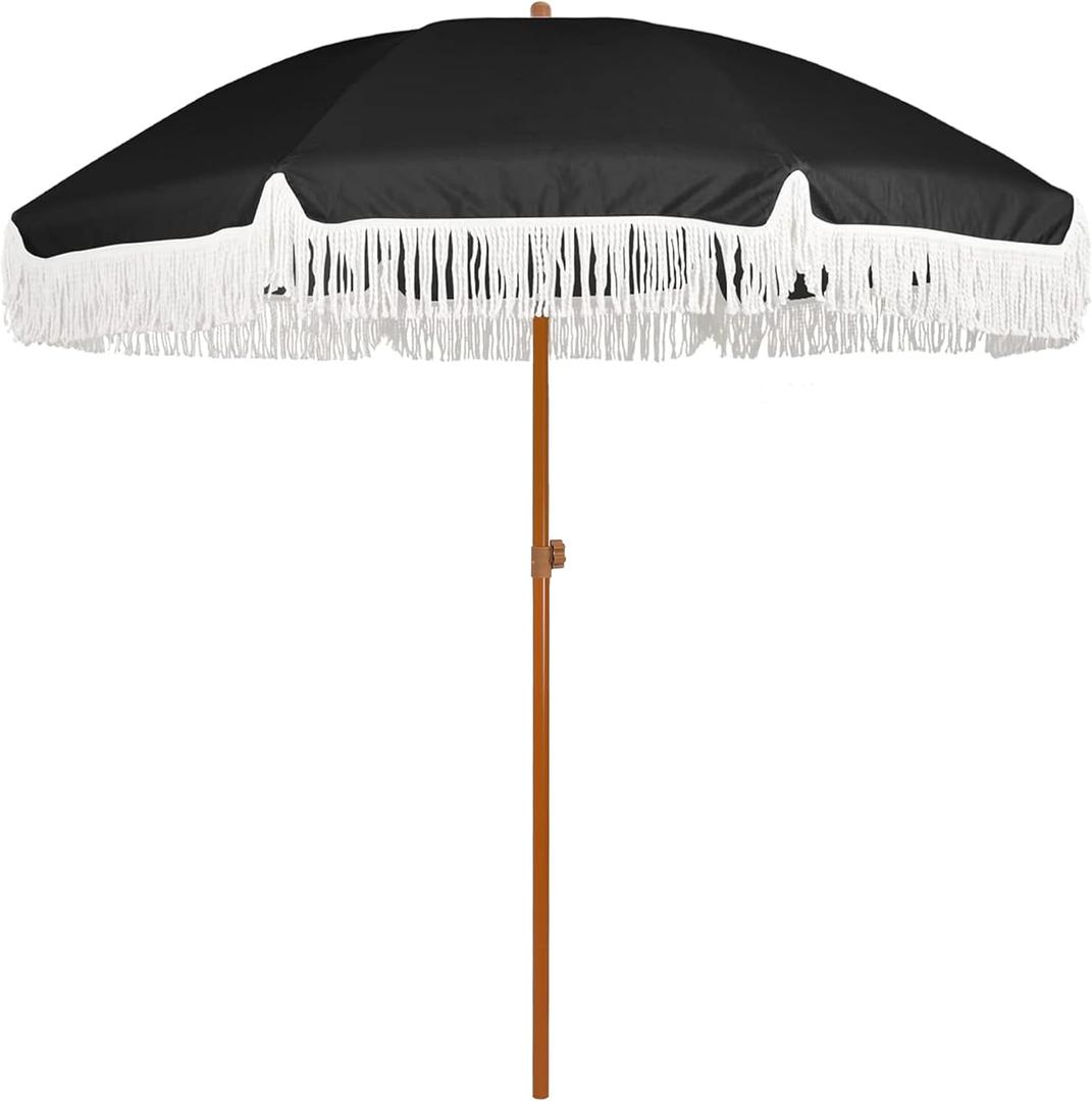 AMMSUN 7ft Patio Umbrella with Fringe Outdoor Tassel Umbrella UPF50+ Premium Steel Pole and Steel Ribs Push Button Tilt, Black (Noble Black)