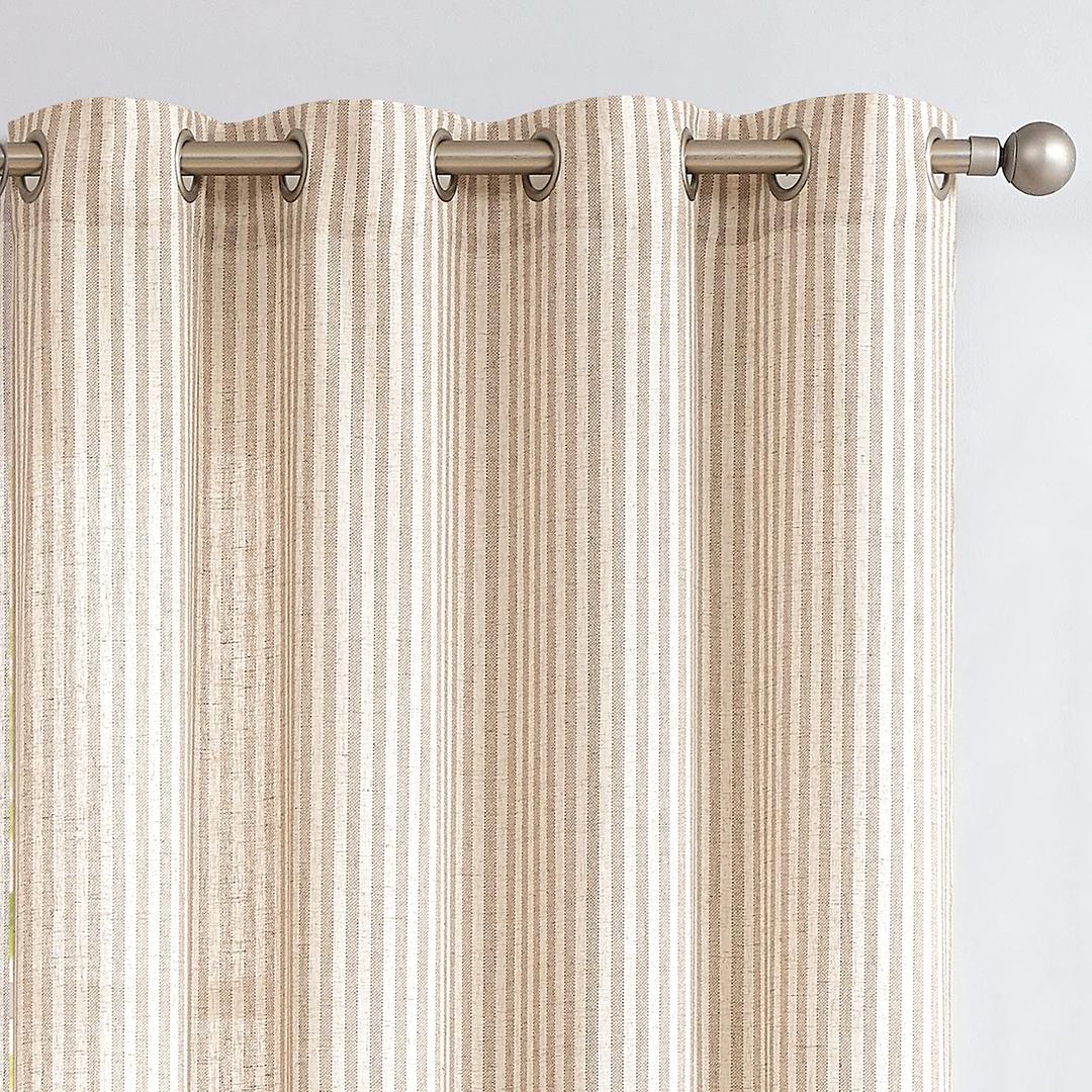 COLLACT Taupe Striped Linen Curtains 63 Inch Length for Living Room/Bedroom Farmhouse Pinstripe Pattern Curtains Light Filtering Drapes Grommet Window Treatments, W50 x L63, 2 Panels Taupe on Beige
