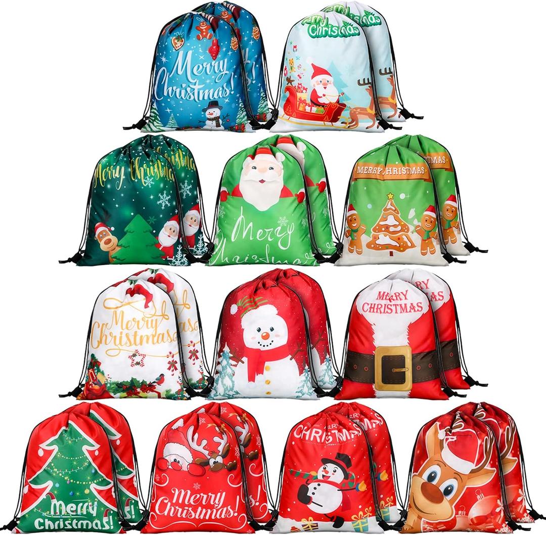 Spiareal 48 Pack Christmas Drawstring Backpack Gift Bags Bulk Reusable Christmas Drawstring Sacks Snowman Santa Elk Party Favors Bags Fabric Cloth Goodies Bag for Xmas Gift Wrapping Sacks, 12 Styles