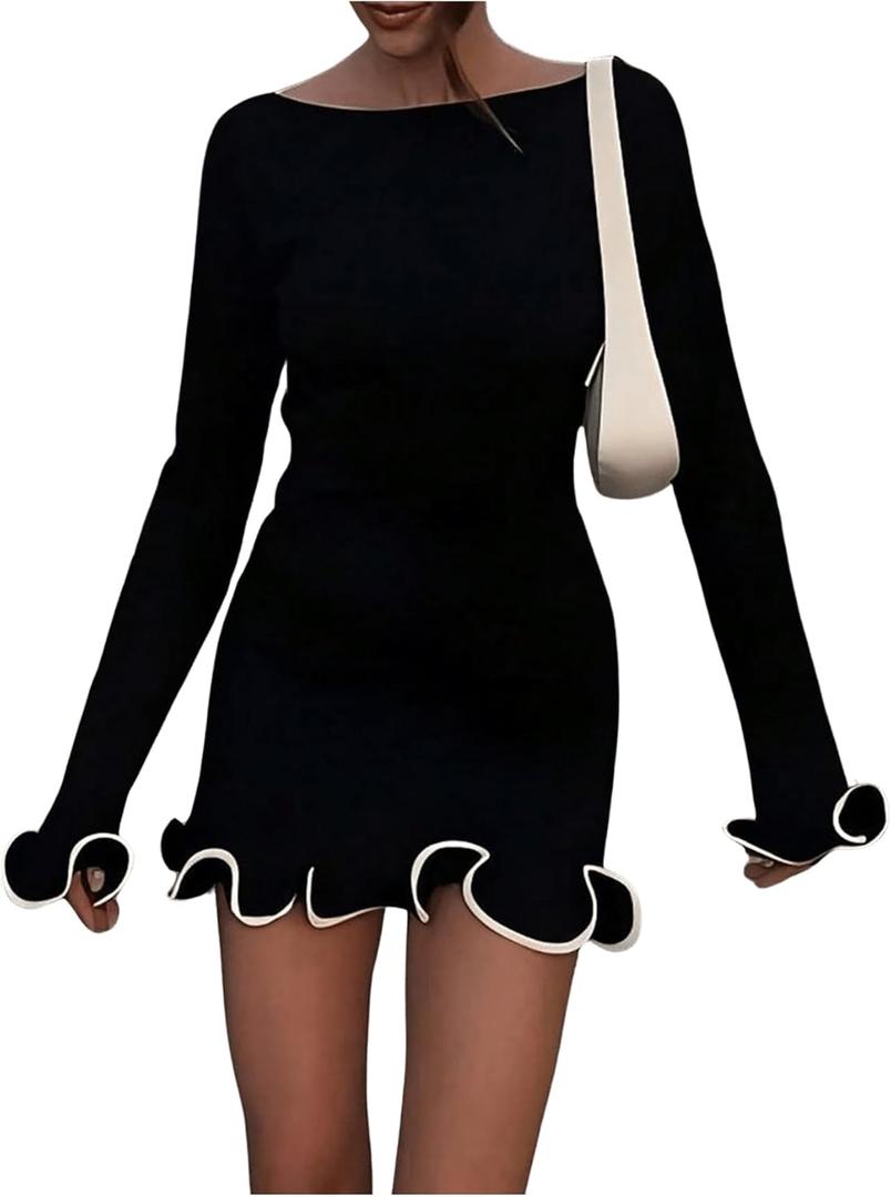 Women's Boat Neck Ruffle Wave Edge Bodycon Pencil Dress Long Sleeve Party Night Out Mini Dresses (Medium, Black)