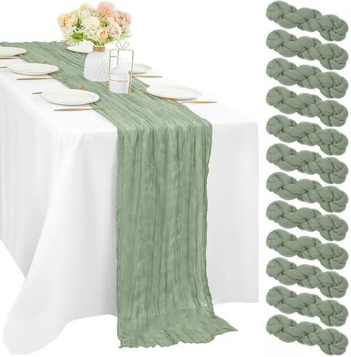 12 Pcs 10FT Sage Green Cheesecloth Table Runner 35 x 120 Inches Long Runner for Tables Gauze Fabric Boho Table Runner Decoration Rustic Sheer Runner for Wedding Baby Shower Birthday Party (Sage Green)
