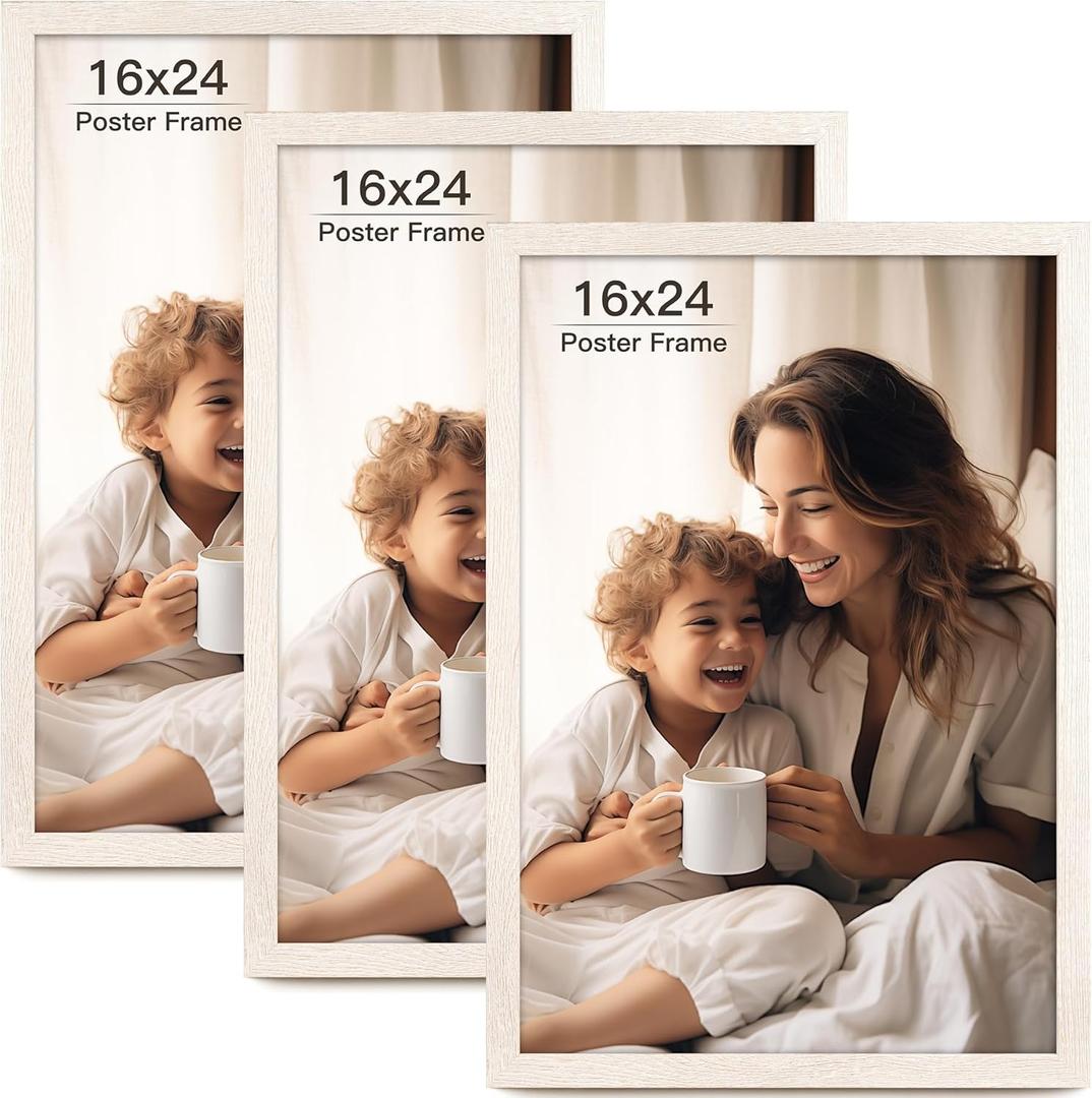16x24 Picture Frame Set of 3, Distressed White Wood Grain 16x24 Frames for Horizontal and Vertical Wall Mounting (3 pack,White)