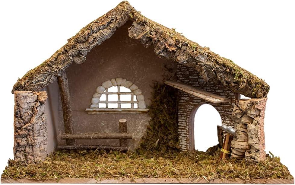 VILLAGE GIFT IMPORTERS Nativity Creche Stable | 12" Tall and 19" Wide | 2 Styles | Realistic Moss Hay Wood and Fabric | Made in Italy (Saw and Sticks)