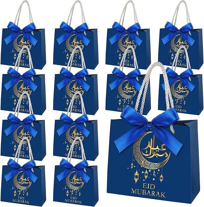 Gueevin 24 Pcs Eid Mubarak Party Gift Bags Moon Star Goodie Paper Treat Bags with Handles and Ribbon for Eid Mubarak Ramadan Kareem Muslim Party Supplies Favors Decorations
