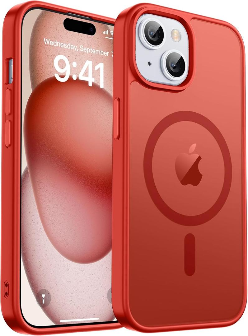 Magnetic for iPhone 15 Plus Case & iPhone 14 Plus Case, [Compatible with MagSafe] [Military Grade Drop Protection] Translucent Matte Shockproof Anti-Scratch Phone Cover, Red