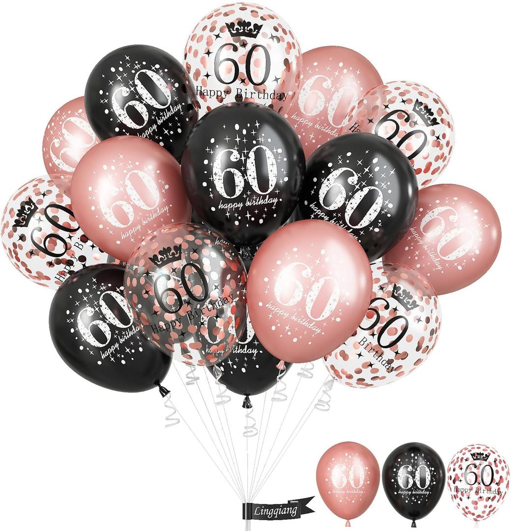 Rose Gold Black Happy 60th Birthday Balloons, 60th Birthday Decorations for Women, Black Rose Gold Confetti 60th Latex Helium Balloons for Age 60 Years Old Birthday Party Decor Celebration Supplies