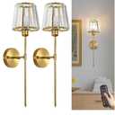 Crystal Wall Sconces Set of 2, Dimmable Wall Sconce with Plug in Cord and Dimmer Gold Plug in Wall Lamp Wall Mounted Light with Crystal Shade for Living Room Bedroom Vanity Light, Bulbs Included