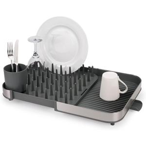 Joseph Joseph Duo Extendable Dish Drainer with Removable Cutlery Holder, Draining Spout, Stainless Steel/Grey