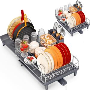 TOOLF Expandable Dish Rack, Dish Drying Rack for Kitchen Counter, Foldable Dish Dryer Rack, Stainless Steel Dish Drainer Racks with Cutlery Holder, Collapsible Dish Drying Racks Large Size,Gray