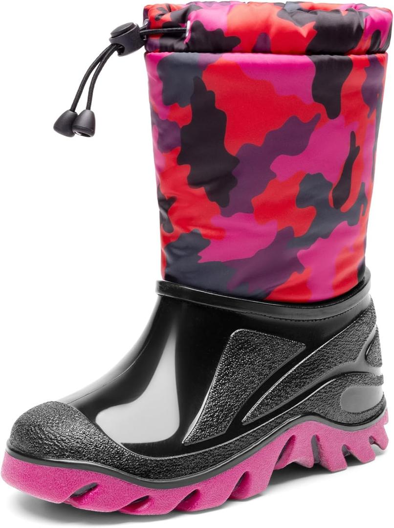 DREAM PAIRS Boys Snow Boots Waterproof Camouflage Slip Resistant Mid Calf Faux Fur Lining Outdoor Muck Winter Shoes for 1Little/Big Kids (Red/Black)