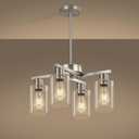 4-Light Brushed Nickel Dining Room Light Fixture, Modern Industrial Kitchen Chandelier Over Table, Adjustable Height Hanging Pendant Light for Kitchen Island, Entryway with Clear Glass Shade