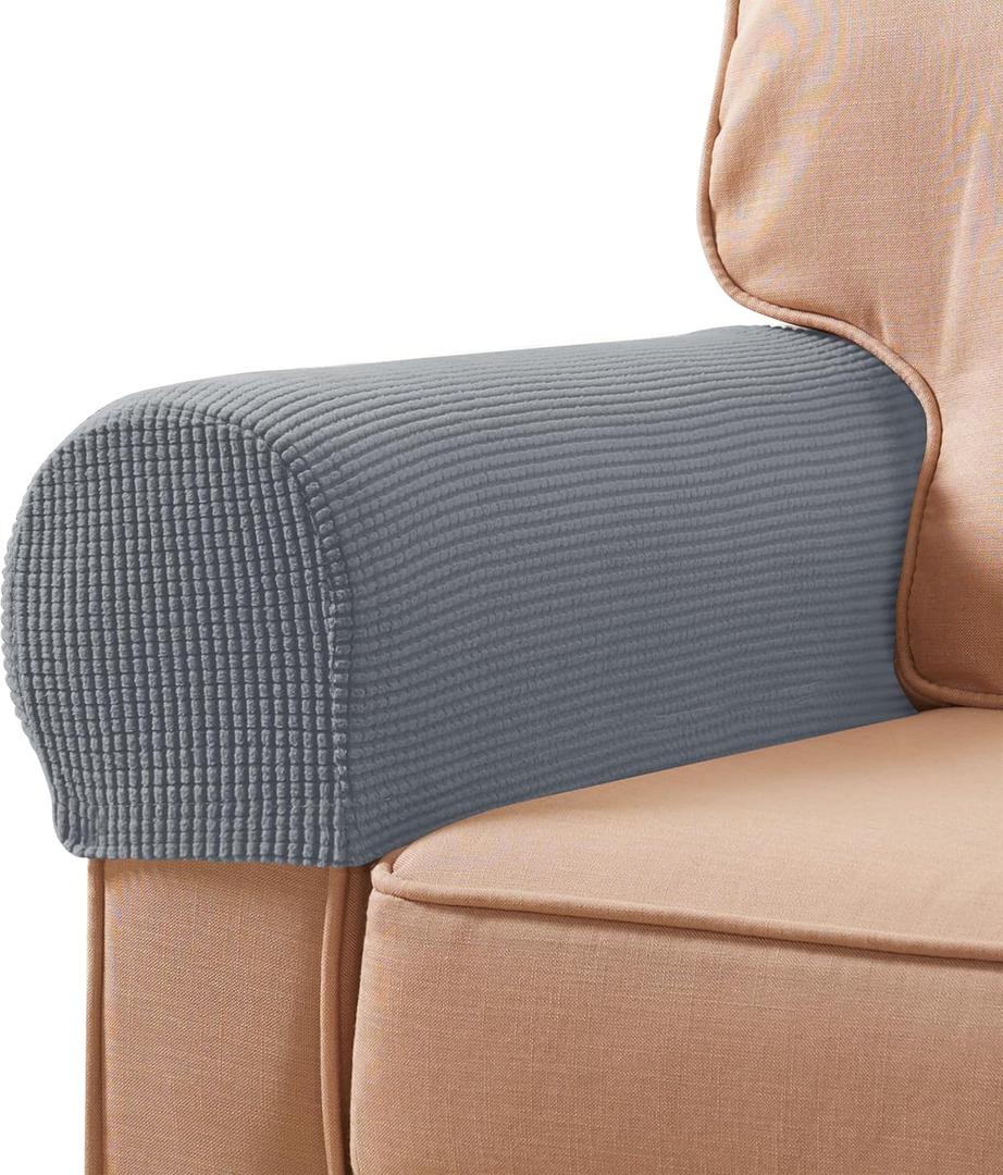 SUBRTEX Stretch Couch Arm Covers Set of 2, Checkered Sofa Arm Slipcovers, Anti-Slip Armrest Covers for Recliner and Armchairs, Pet Proof, High Stretchy, Hook & Loop Tape, Light Gray