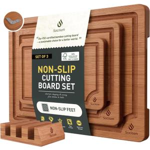 3 Packs Bamboo Cutting Board Set with Non Slip Feet Holder and Over Sink Nice Solid Thick Wood Juice Groove Chopping Board Extra Large Big Small Best Hardwood Kitchen Organic Vegetable Meat BBQ Kit (Brown)