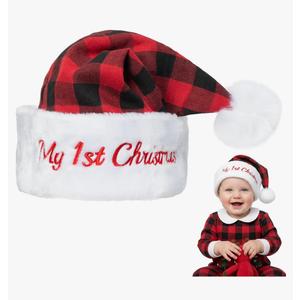 WATINC Christmas Santa Hat for Baby - My First Christmas Hats for Newborn Kids, Xmas Classic Black Red Buffalo Plaid Plush Claus Cap for Winter Holiday Unisex Girls Boys Toddler Party Supplies