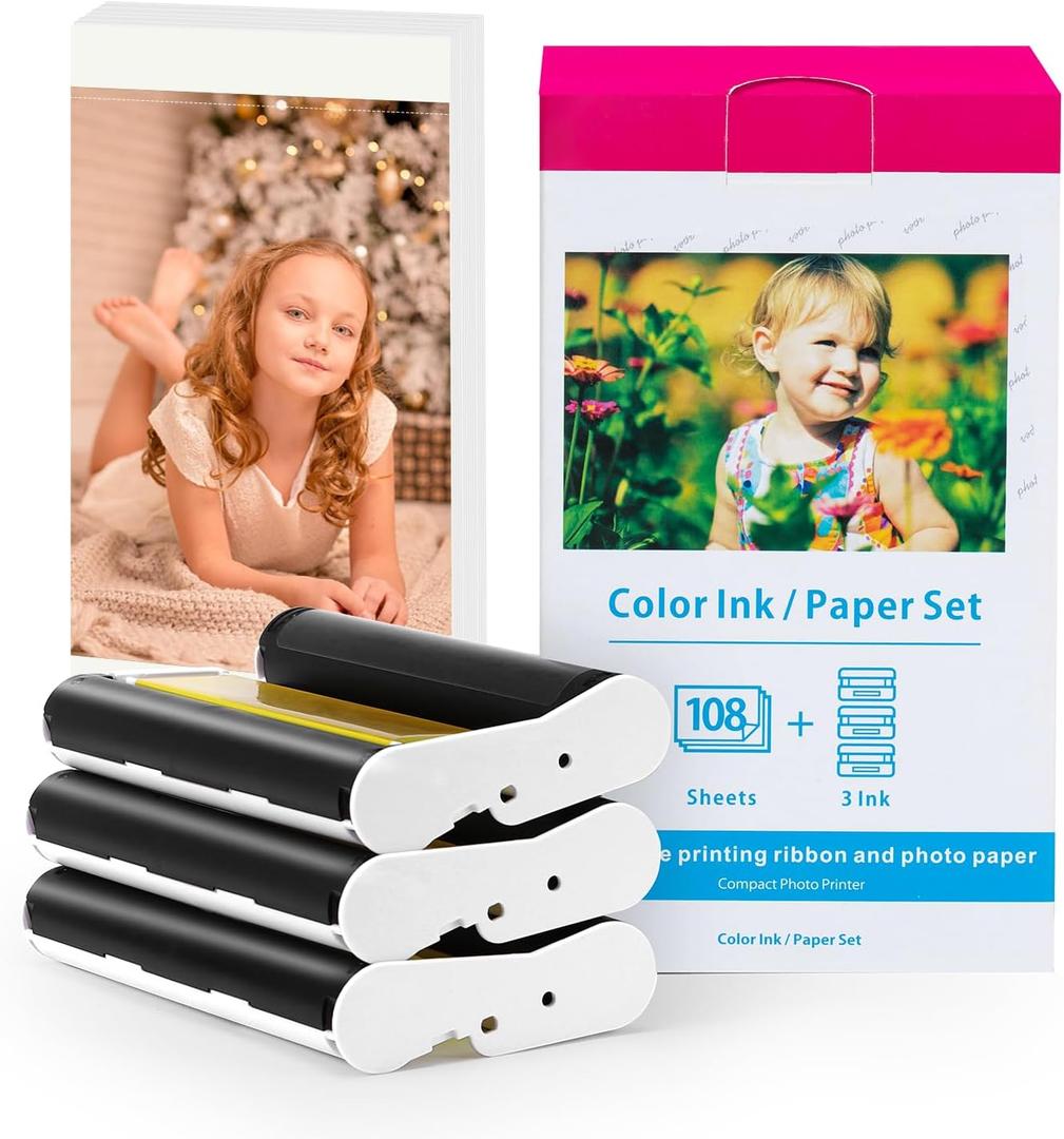 Replacement for Selphy CP1300 CP1500 Photo Paper and Cartridge, KP-108IN108 3115B001(AA) Postcards for Canon Selphy CP820 CP1200 CP910 CP780 Photo Printer, 3 Cartridges+108 Photo Paper (100 Pcs) x 148mm)