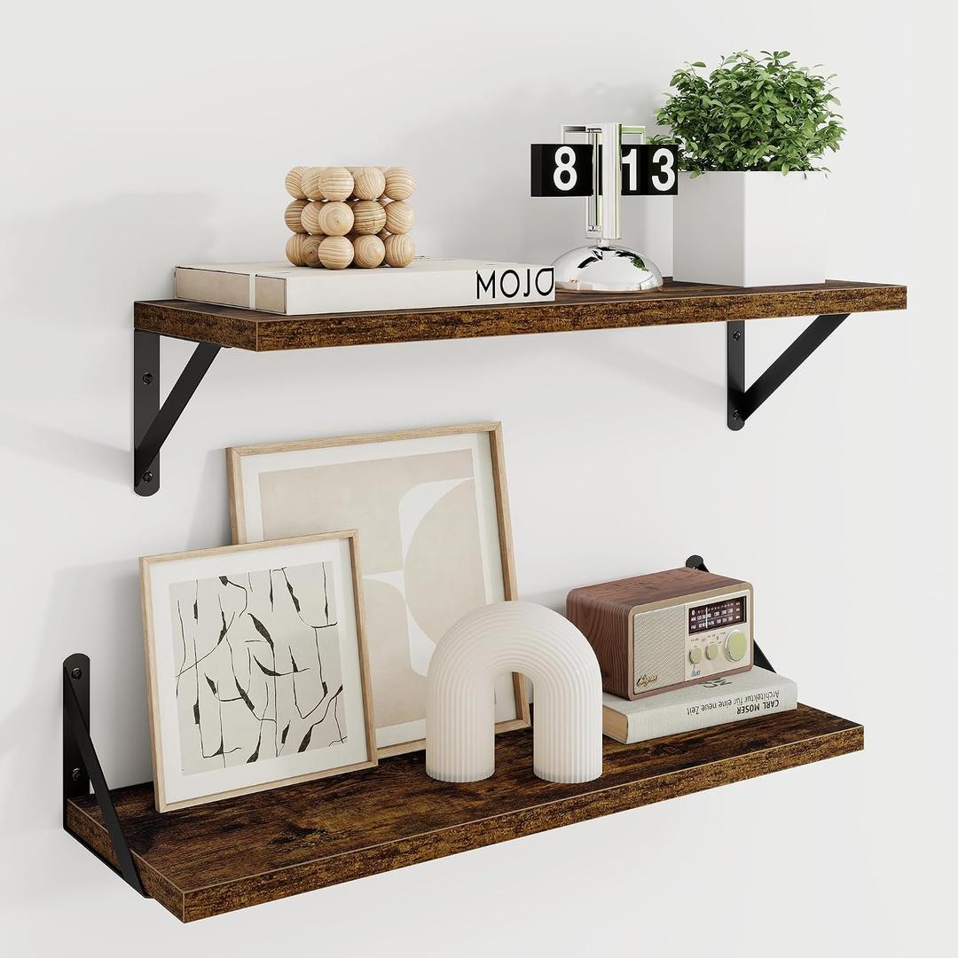 Dreamland Dark Brown Floating Shelves, 24W x 8D Wall Mounted Shelves Set of 2, Wide Display Ledge Shelf with Sturdy Metal Brackets for Living Room, Bathroom, Bedroom and Kitchen