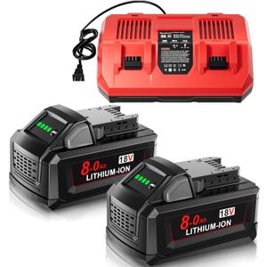 M18 Battery Replacement for Milwaukee and Dual Charger 18V Lithium 8.0Ah Compatible with 48-11-1815 48-11-1820 48-11-1840 48-11-1850 48-11-1860 Cordless Tools 2Pack