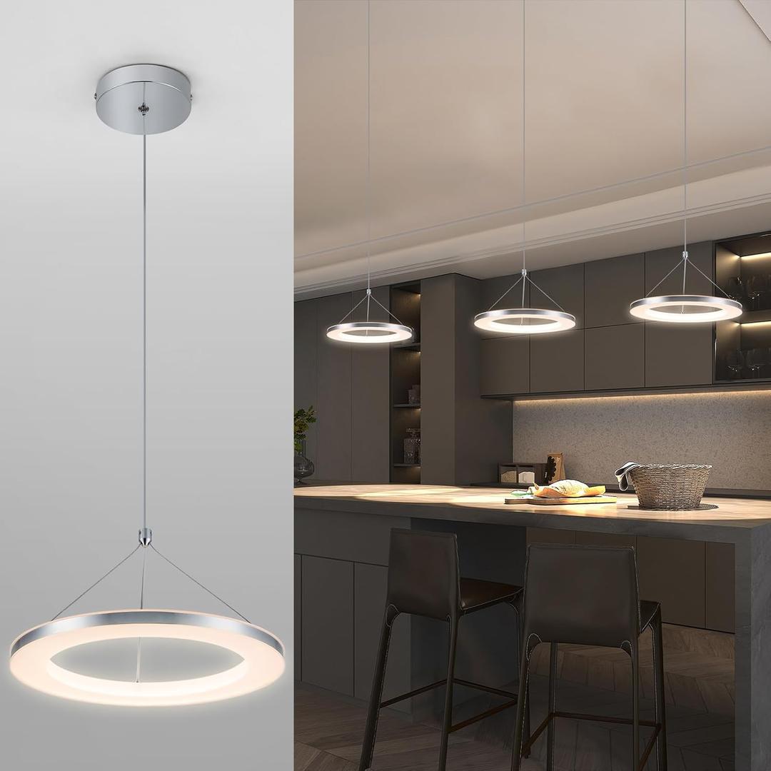 CHYING Pendant Light Modern LED Pendant Lighting 15W 3000K Contemporary Silver Circle Hanging Light Fixture for Kitchen Island Dining Room Bedroom Foyer (1 Ring Warm White 3000k)